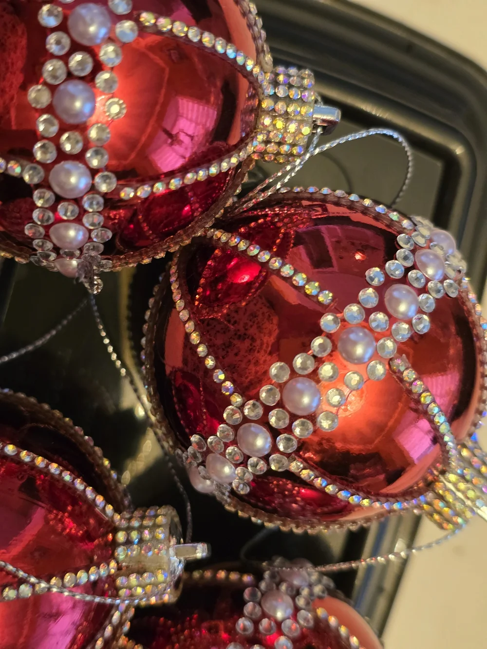 Red Beaded Holiday Ornament Set - Decorative Christmas New 4 Piece 2.6 Inch